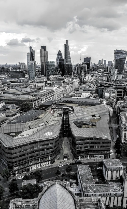 a black and white photo of the city of london, inspired by Zaha Hadid, pexels contest winner, high view, square, coloured, panorama