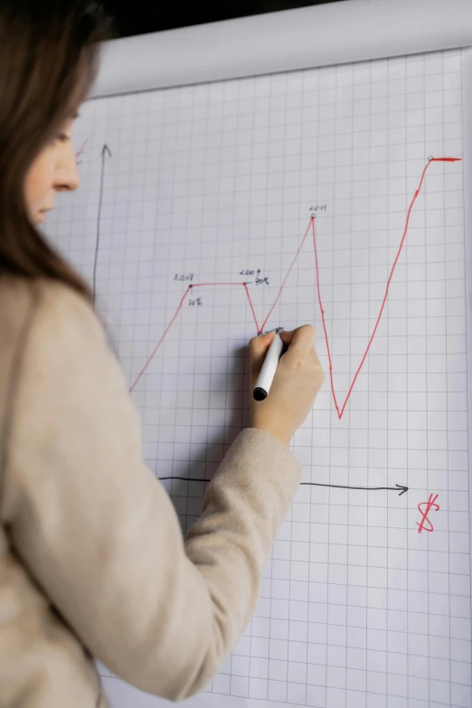 a woman writing on a white board with a marker, trending on reddit, analytical art, graph signals, 15081959 21121991 01012000 4k, vertical orientation, medium closeup