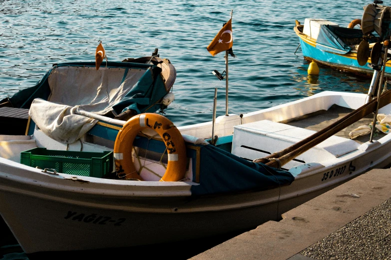 a white boat sitting on top of a body of water, pexels contest winner, mediterranean fisher village, avatar image, fish seafood markets, brown and cyan color scheme