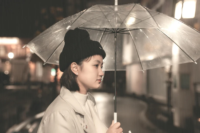 a woman holding an umbrella in the rain, inspired by Itō Shinsui, pexels contest winner, portrait of a japanese teen, wearing hat, ☁🌪🌙👩🏾, late evening