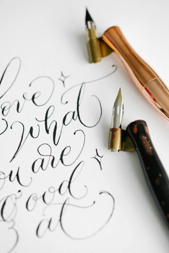 a pen sitting on top of a piece of paper, by Ivana Kobilca, letterism, ink flourishes, love craft, on a white table, thumbnail