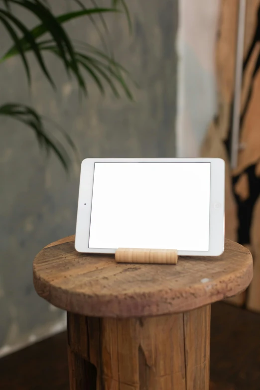 a cell phone sitting on top of a wooden table, art stand, made of bamboo, using a magical tablet, textured base ; product photos