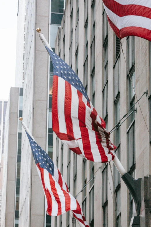 a group of american flags hanging from the side of a building, buildings, surrounding the city, profile image, day time