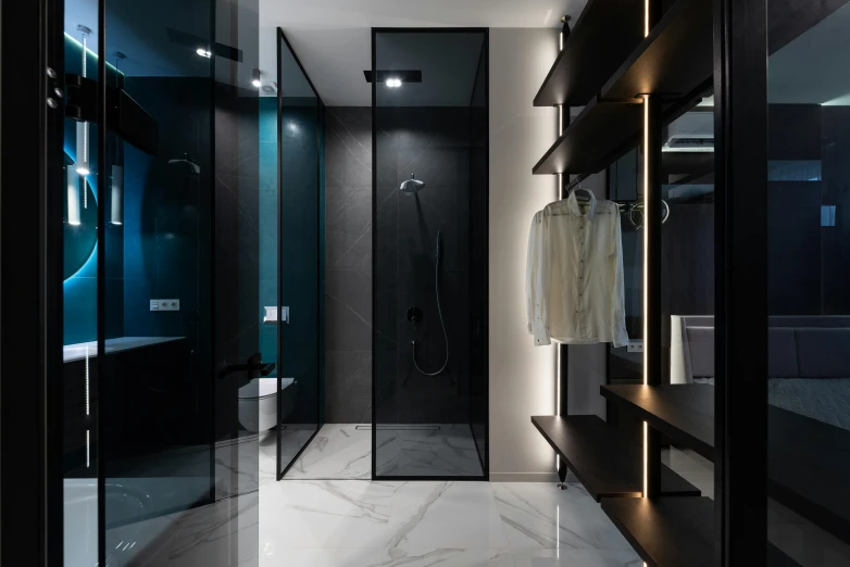 a black and white bathroom with a walk in shower, a 3D render, inspired by Constantine Andreou, unsplash contest winner, light and space, black and blue scheme, oled lights in corners, colored marble, elegant wardrobe