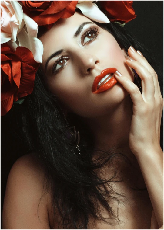 a woman with a flower crown on her head, inspired by Horst Antes, shutterstock contest winner, romanticism, sexy lips :5 stylish, coral lipstick, very sexy woman with black hair, promo image