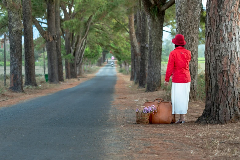 a woman standing on the side of a road next to a tree lined road, inspired by Russell Drysdale, happening, dressed in red paper bags, madagascar, picnic, facing away from the camera