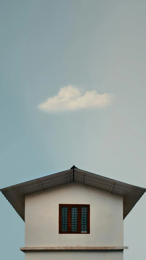 a clock tower with a blue sky in the background, an album cover, by Carey Morris, unsplash, postminimalism, simple gable roofs, standing on a cloud, hyung-tae kim, minimalist photorealist