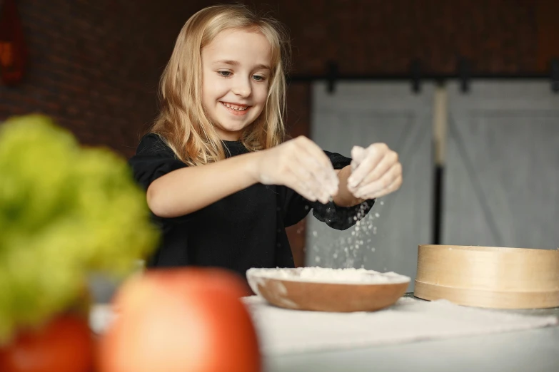 a young girl sprinkles flour in a bowl, pexels contest winner, 15081959 21121991 01012000 4k, avatar image, cooking pizza, clay art