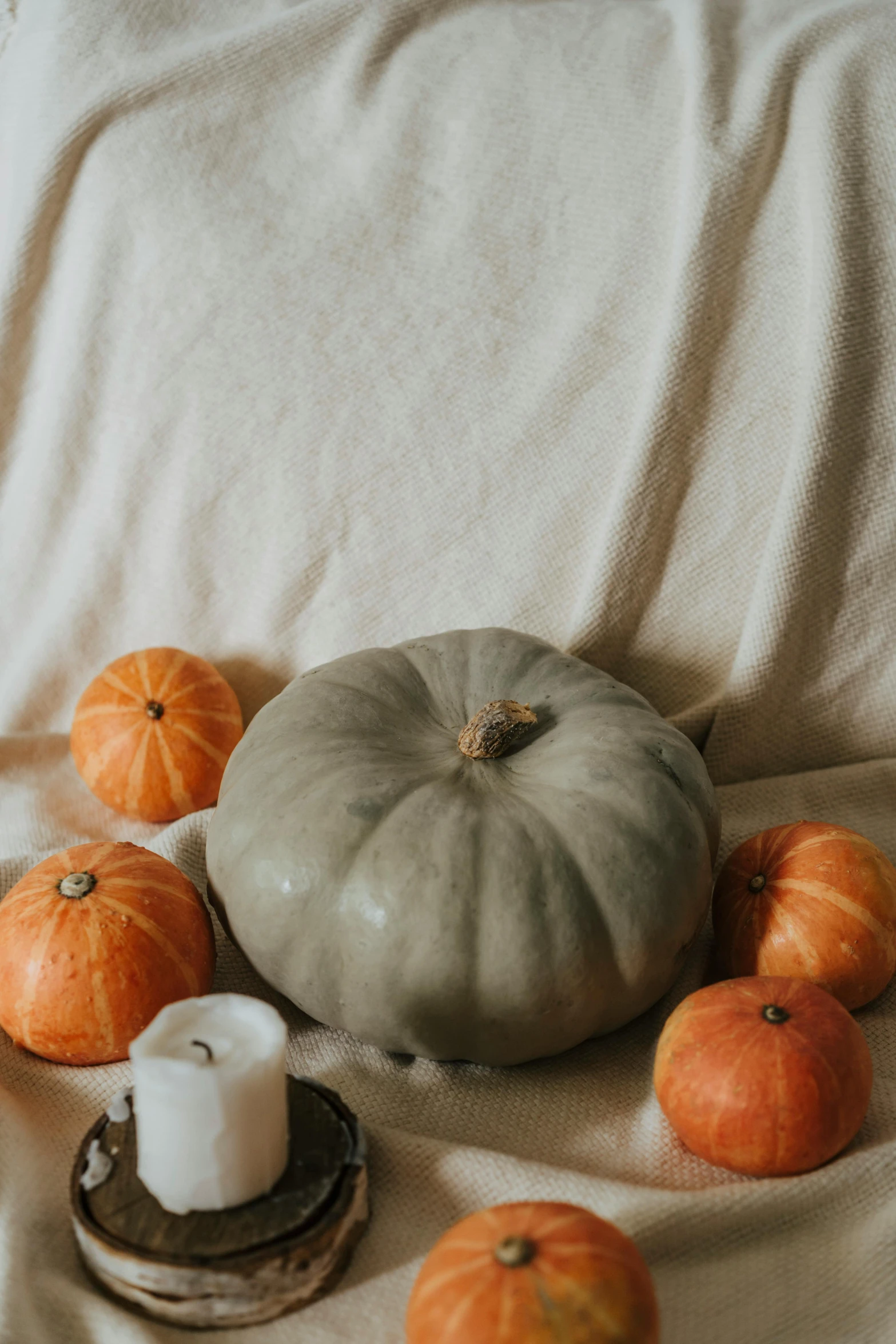 a group of pumpkins sitting on top of a bed, a still life, by Carey Morris, reddit, light grey, soup, low quality photo, muted green