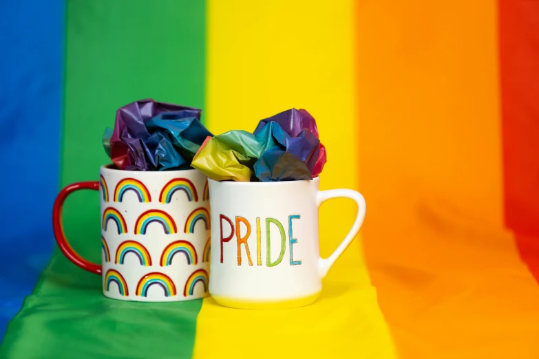 a couple of coffee cups sitting next to each other, inspired by Okuda Gensō, pride flag in background, emma bridgewater and paperchase, bows, pr shoot