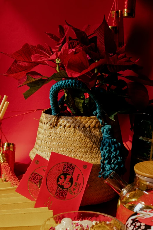 a close up of a basket of food on a table, a still life, by Julia Pishtar, cg society contest winner, holding a red orchid, holiday vibe, red and cyan ink, with ancient chinese aesthetic