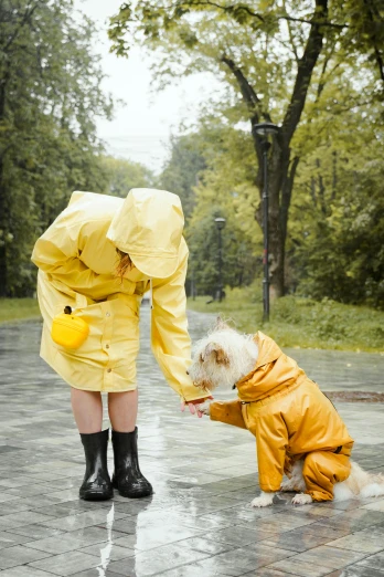 a dog standing next to a person in a raincoat, yellow, kids, color photograph, rectangle