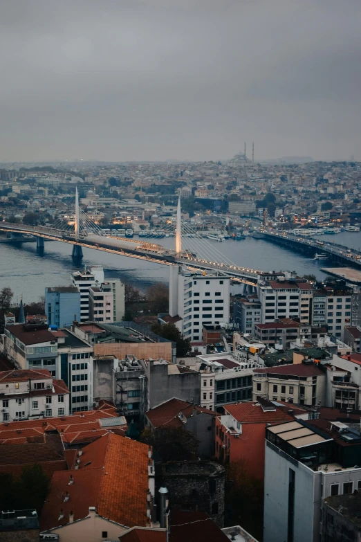 a view of a city from the top of a building, by irakli nadar, pexels contest winner, hurufiyya, tall bridge with city on top, slide show, ottoman empire, grey