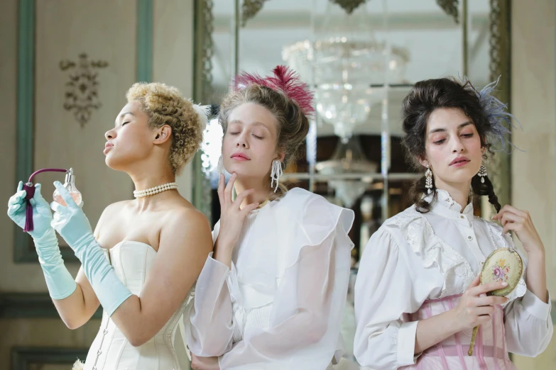 a group of women standing next to each other, inspired by Cecil Beaton, pexels, rococo, movie still of a tired, three, coloured, white