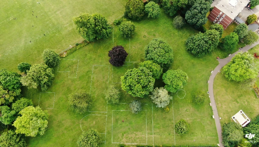 an aerial view of a tennis court surrounded by trees, by Julian Allen, land art, on a green lawn, churchyard, teaser, well drawn