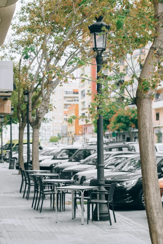 a man sitting on a bench looking at his cell phone, trending on unsplash, cars parked underneath, seville, hanging trees, restaurant