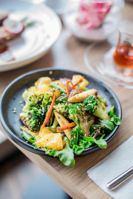 a close up of a plate of food on a table, by Nicolette Macnamara, broccoli, oriental, salad, premium