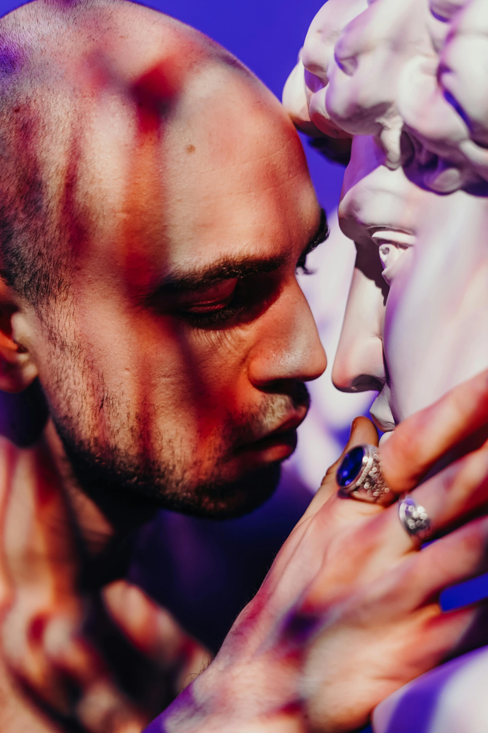 a close up of a person touching a statue, inspired by David LaChapelle, mannerism, reylo kissing, anton fedeev, crystal face, ( ( theatrical ) )