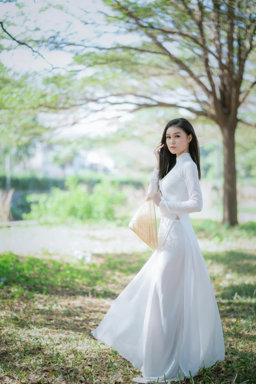 a woman in a white dress standing in the grass, by Tan Ting-pho, pexels contest winner, ao dai, square, 15081959 21121991 01012000 4k, elegant lady with alabaster skin