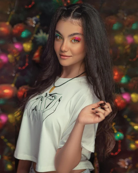 a beautiful young woman posing in front of a christmas tree, a colorized photo, pexels contest winner, white t-shirt, raven hair, dasha taran, avatar image