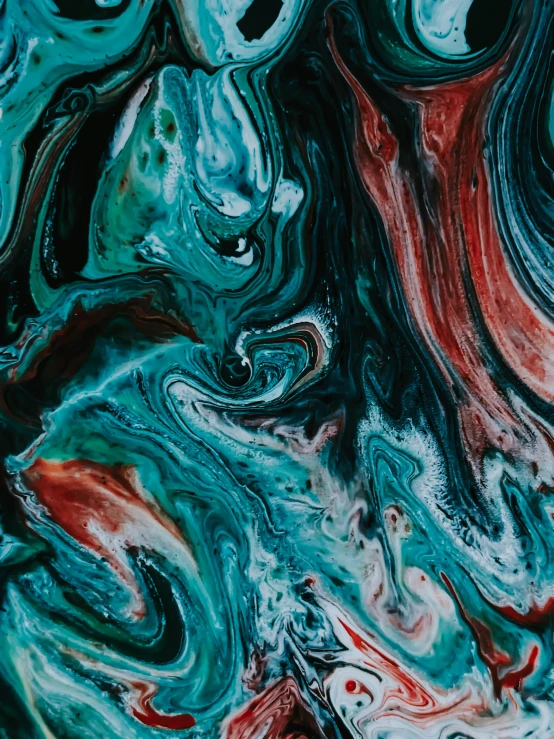 a close up of a painting on a wall, an abstract painting, trending on pexels, abstract art, red green black teal, made of liquid metal and marble, mystical swirls, deep color scheme