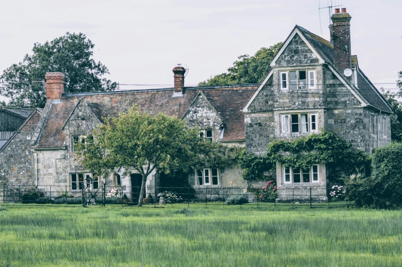 a large house sitting on top of a lush green field, inspired by Rackstraw Downes, unsplash, renaissance, limestone, grey, verdigris, farmhouse