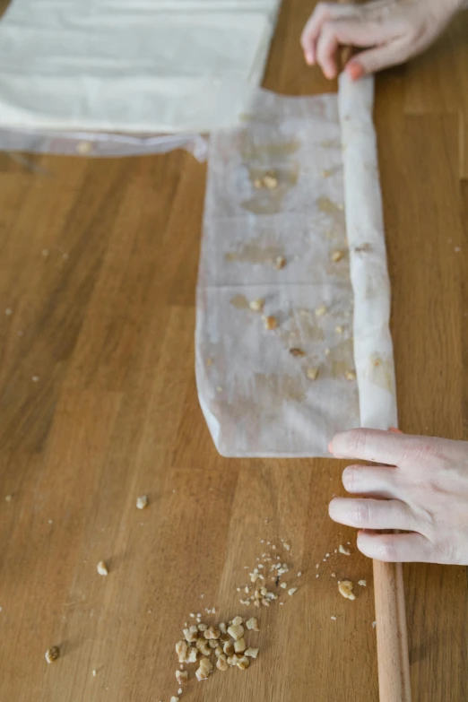 a person sitting at a table with some food on it, by Matthias Stom, process art, baking french baguette, transparent cloth, seeds, holding a wood piece