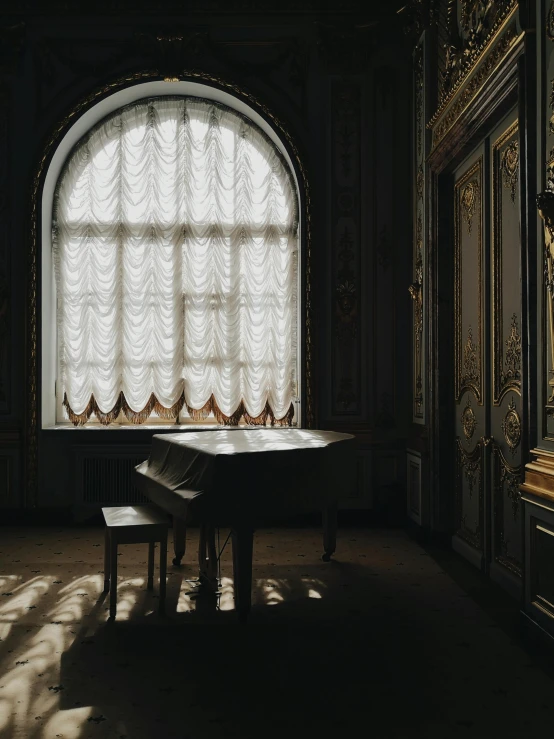 a grand piano sitting in front of a window, inspired by Konstantin Vasilyev, unsplash contest winner, baroque, light above palace, great light and shadows”, promo image, photo of a beautiful window
