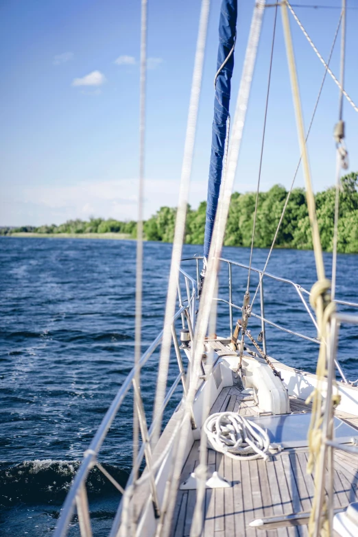 a sailboat on a body of water with trees in the background, up close, nile river environment, blue, adventuring