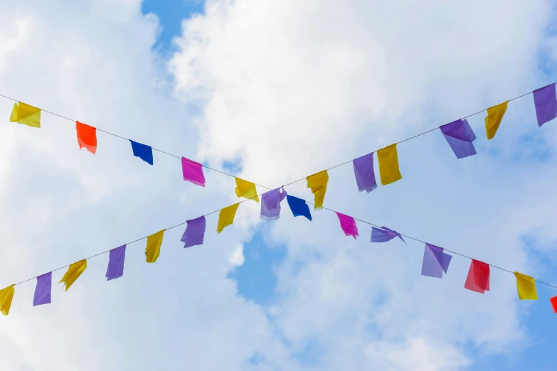 colorful flags on a string against a blue sky, by Dan Content, unsplash, minimalism, buddhist, on grey background, midsommar, wide screenshot