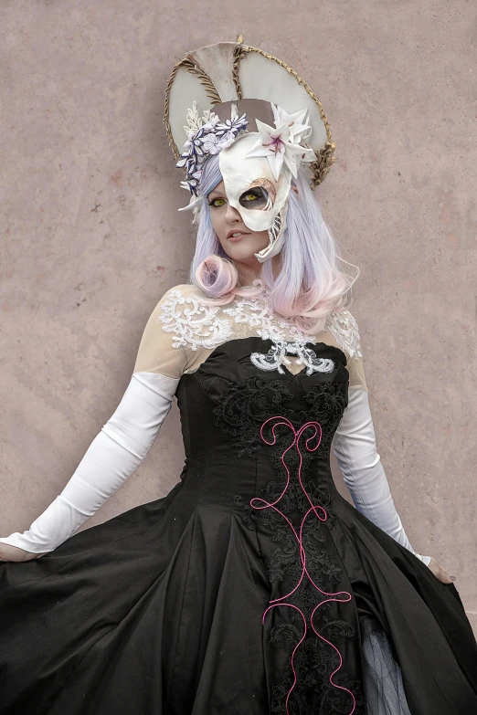 a woman wearing a black dress and a mask, inspired by Anne Stokes, rococo, black white pastel pink, cosplay award winner, bone dress, diverse costumes