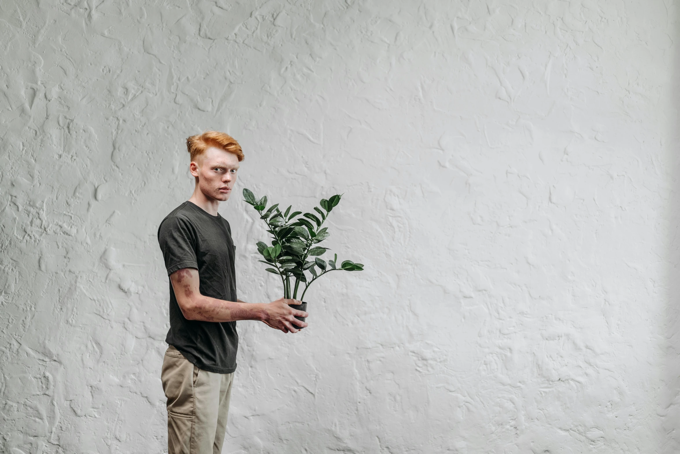 a man standing in front of a white wall holding a plant, by Adam Marczyński, pexels contest winner, red haired teen boy, background image, skinny caucasian man, indoor picture