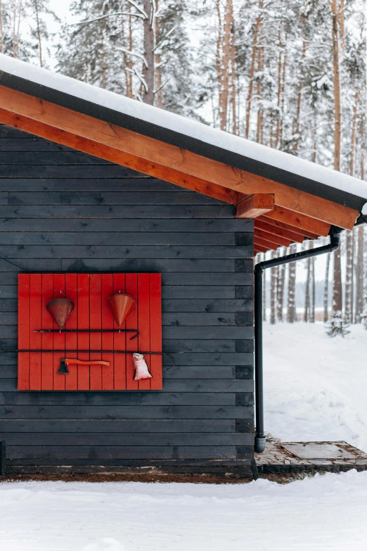 a small cabin with a red door in the snow, inspired by Einar Hakonarson, pexels contest winner, conceptual art, darkslategray wall, shutters, black and terracotta, red blue and gold color scheme