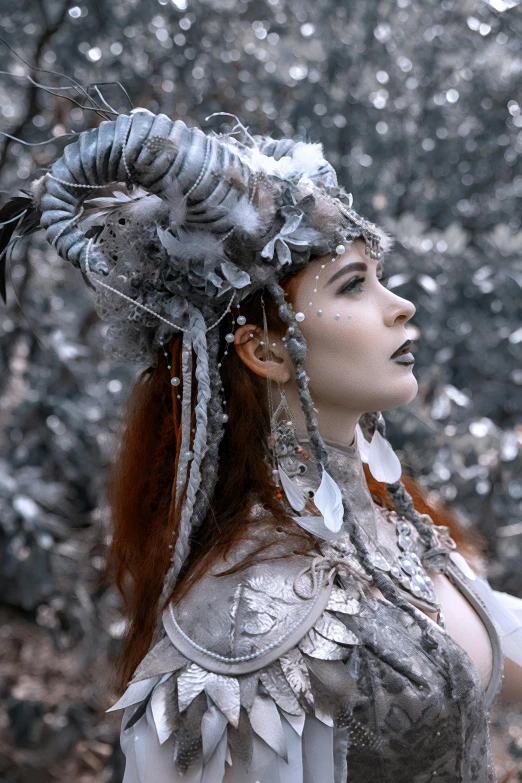 a woman dressed in silver standing in a forest, lunar themed attire, wearing ice crystals, maiden with copper hair, chaos beauty