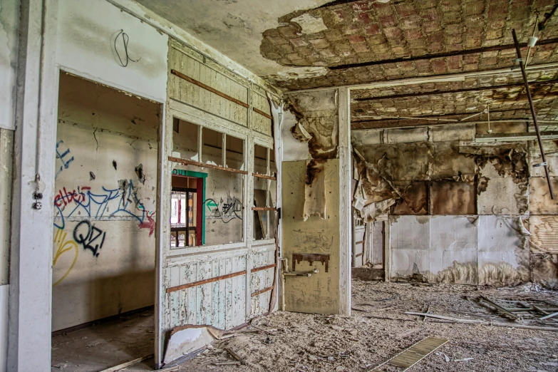 a run down building with graffiti on the walls, by Jan Tengnagel, pexels contest winner, leaving a room, demolition, promo image, mies van der rohe