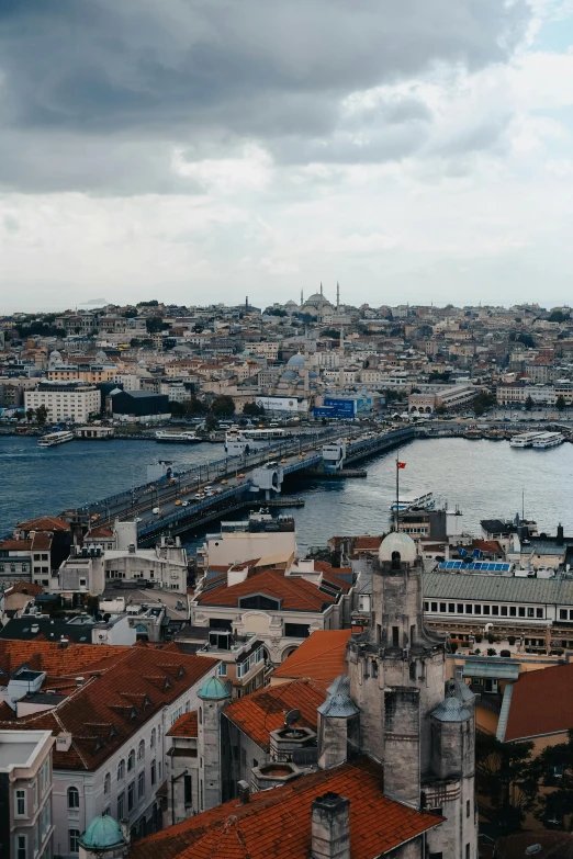 a view of a city from the top of a building, a colorized photo, pexels contest winner, hurufiyya, istanbul, slide show, all buildings on bridge, grey