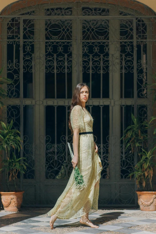 a woman in a long dress walking in front of a building, inspired by Luis Paret y Alcazar, pexels contest winner, renaissance, gold and green, portrait full body, sheer fabrics, light dress