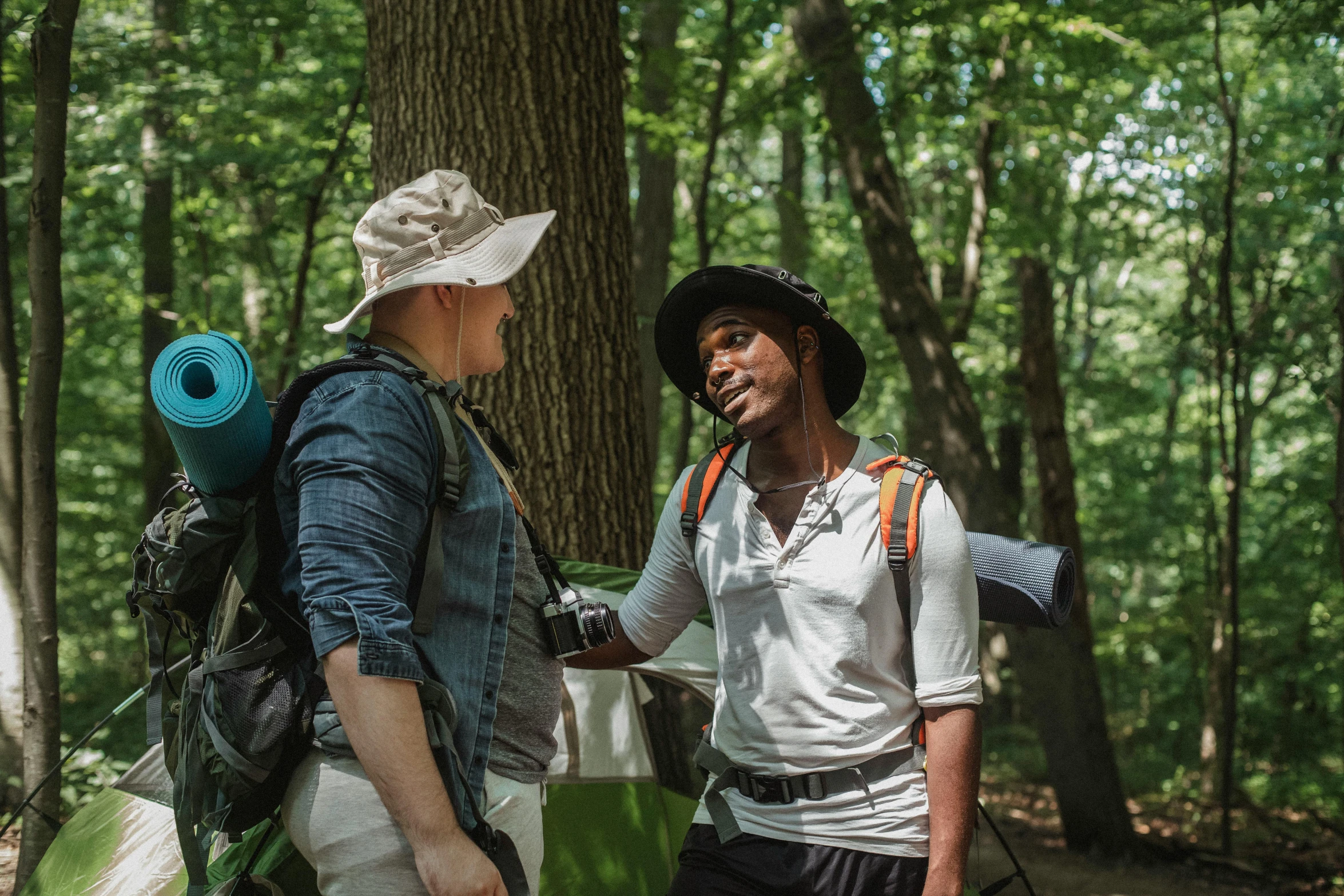 two people standing next to each other in the woods, a photo, wearing adventure gear, kara walker, calmly conversing 8k, profile picture 1024px