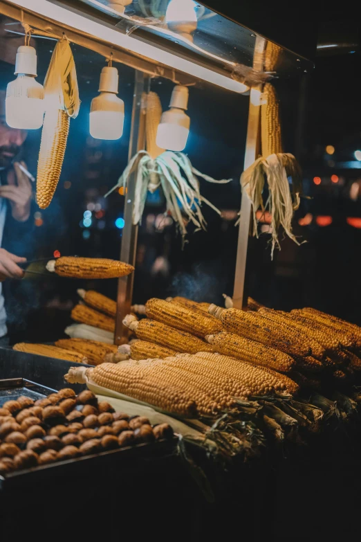 a man standing in front of a food stand, by Adam Marczyński, pexels contest winner, tall corn in the foreground, smokey lights, gourmet and crafts, eating