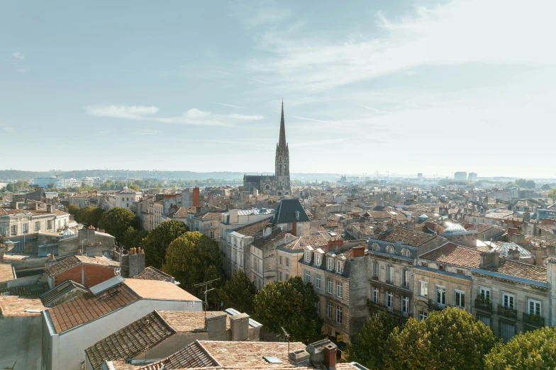 a view of a city from the top of a building, inspired by Cricorps Grégoire, pexels contest winner, cathedral in the background, slide show, blue sky, grey