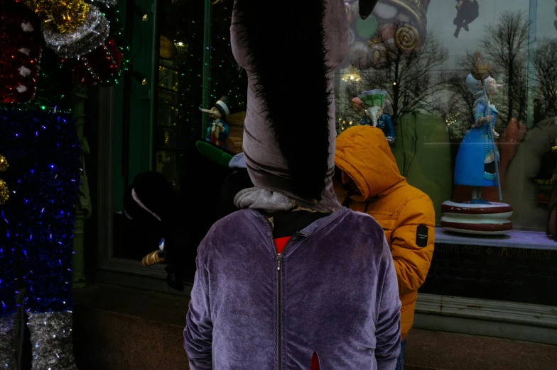 a person standing in front of a store window, a photo, inspired by Peter de Seve, pexels contest winner, gray anthropomorphic, hood covers his eyes, pony facing away, canadian goose with a funny hat