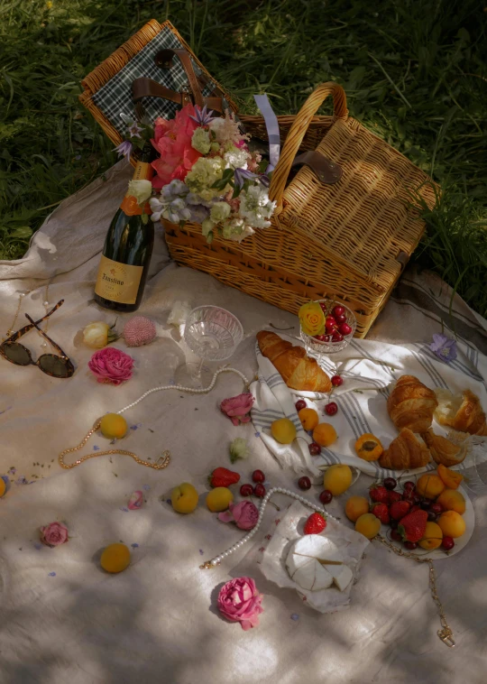 a picnic blanket sitting on top of a lush green field, made of flowers and fruit, champagne on the table, profile image