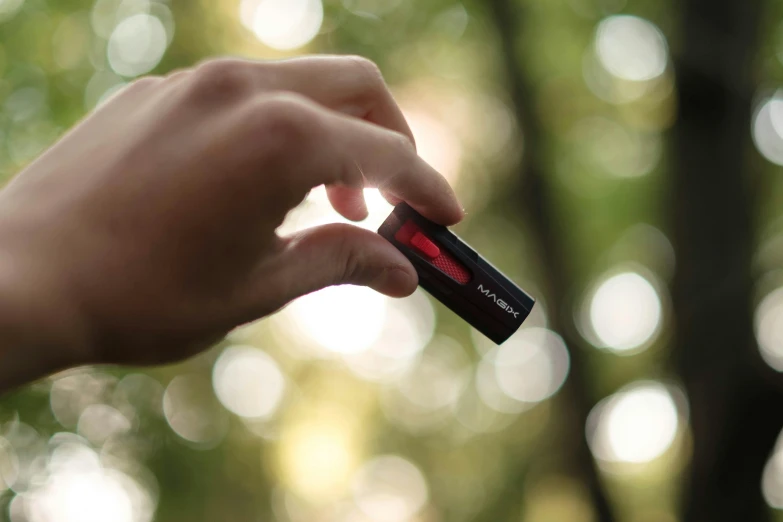 a person holding a small red object in their hand, a picture, unsplash, happening, usb ports, lush surroundings, black-crimson color scheme, extended clip