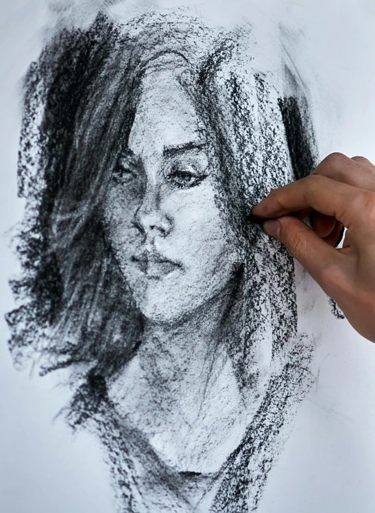 a person drawing a woman's face on a piece of paper, a charcoal drawing, high detail impressionist style, in focus face with fine details, solo portrait 🎨🖌️, gesture drawn