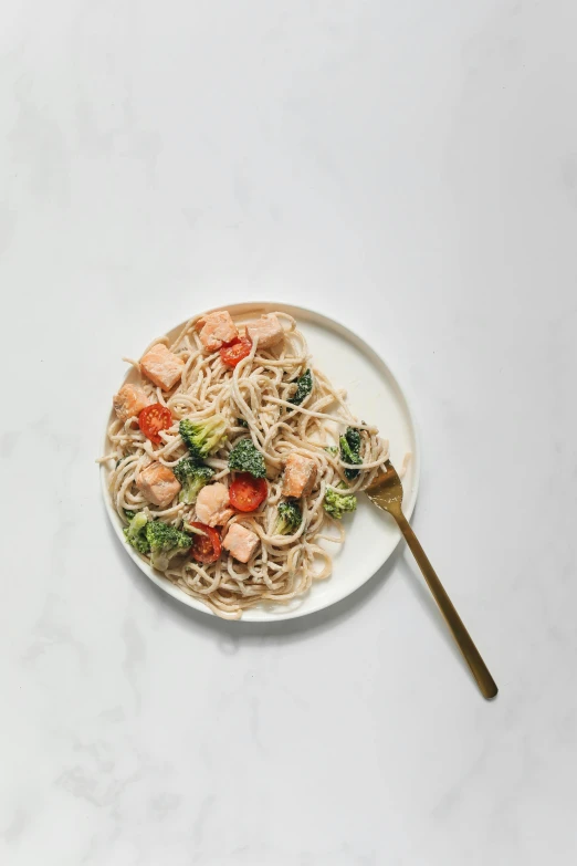 a plate of noodles with shrimp and broccoli, inspired by Kanō Tan'yū, salmon, dwell, single, grey