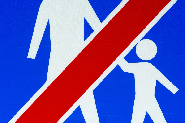 a red and white sign with a picture of a man and a child, by Mirko Rački, pixabay, berlin secession, red and blue, crossing the line, no skin shown, graphic detail