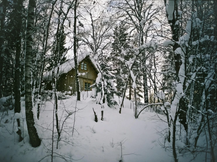 a house in the woods covered in snow, a polaroid photo, pexels contest winner, hurufiyya, 3 / 4 wide shot, eero aarnio, detailed medium format photo, scanned in