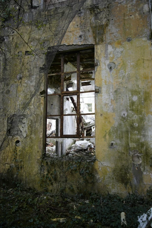 an old run down building with a broken window, a photo, by Mirko Rački, renaissance, las pozas, lisbon, video still, battle-worn
