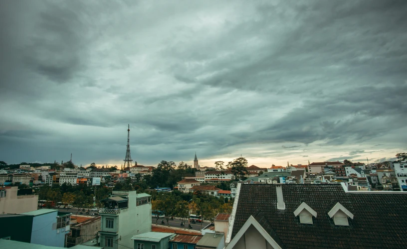 a view of a city under a cloudy sky, shot on sony a 7, victorian city, grey, humid evening