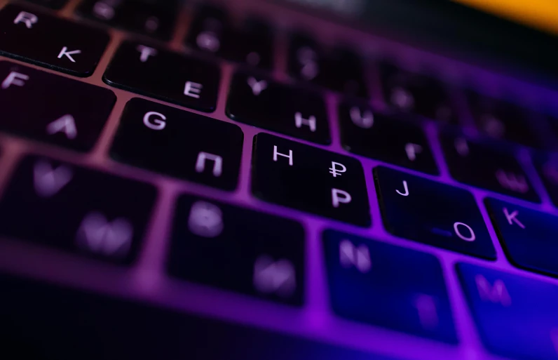 a close up of a keyboard on a laptop, a computer rendering, by Carey Morris, pexels, purple glowing inscription, low-angle shot, instagram post, 15081959 21121991 01012000 4k